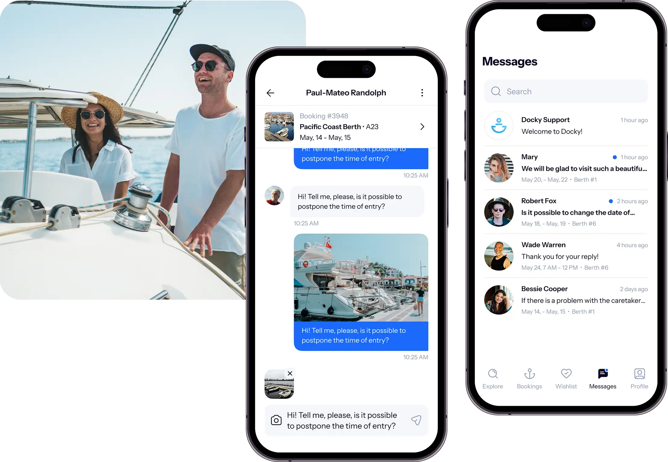 Docky mobile chat screens shown beside a marina photo.