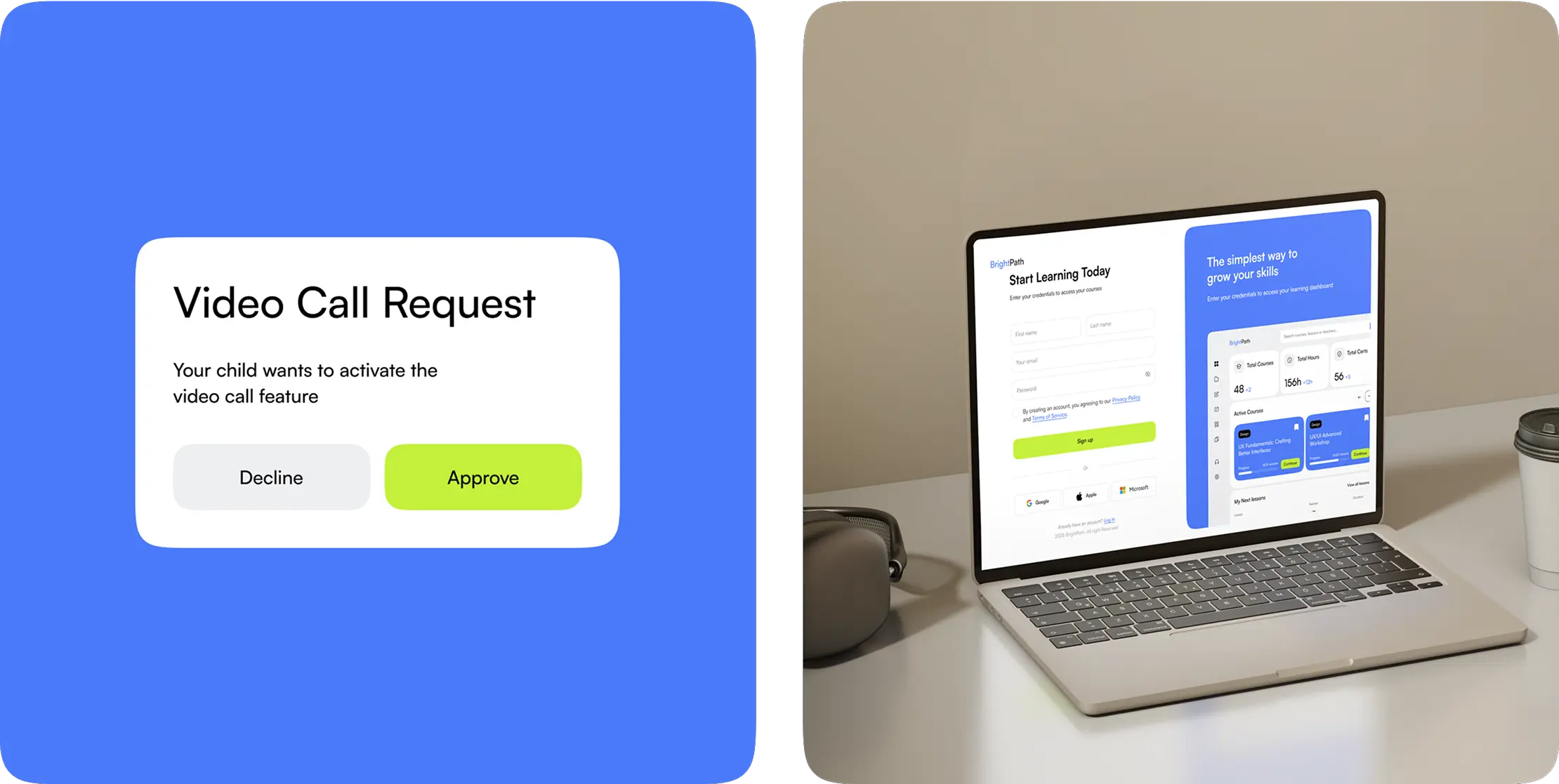 Parental approval dialog for a video call request beside a laptop with the sign-up screen.
