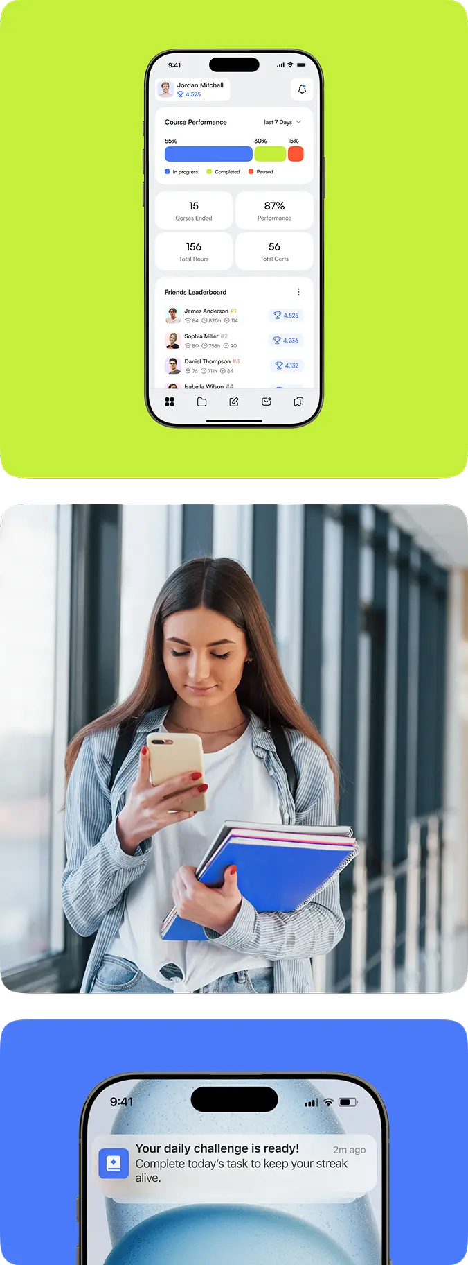 Course performance screen, a student with her phone, and a daily challenge notification in a collage.