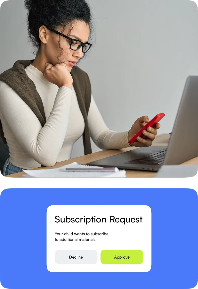 Woman using a phone beside a parental approval dialog for a subscription request.