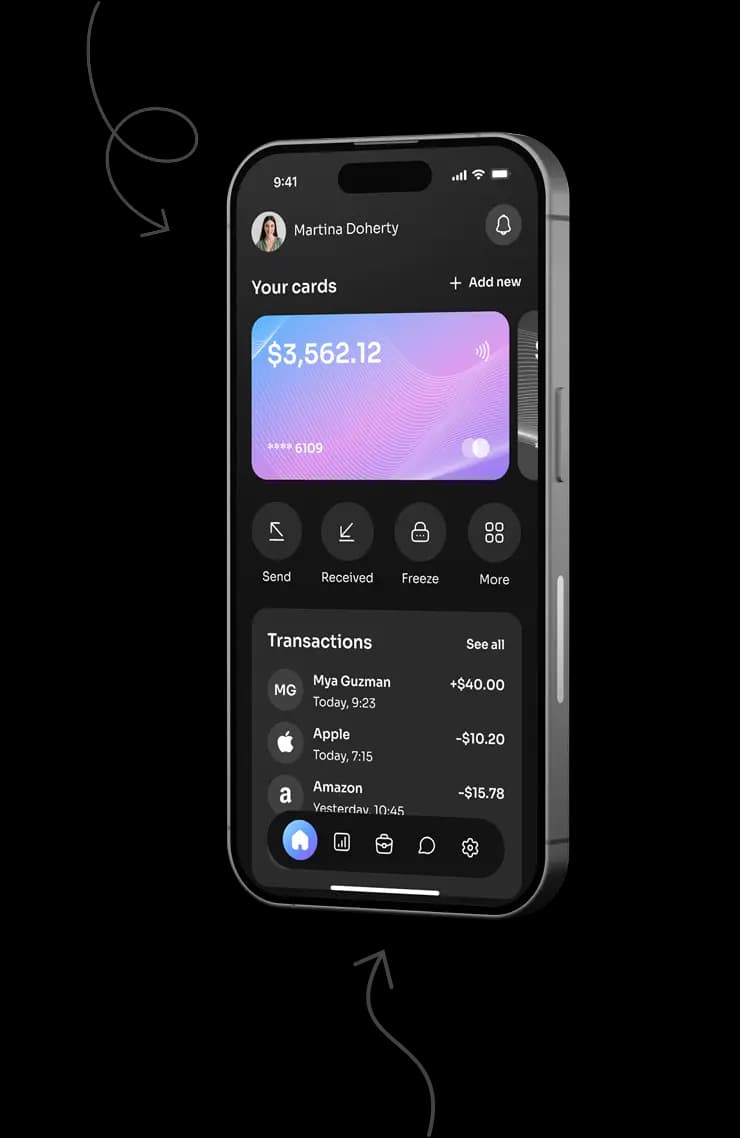 Phone displaying the neobank app home screen amid floating UI elements.