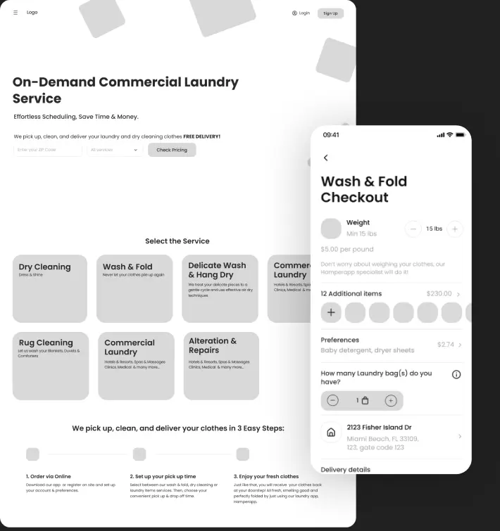 App screens for selecting a laundry service and pickup steps.