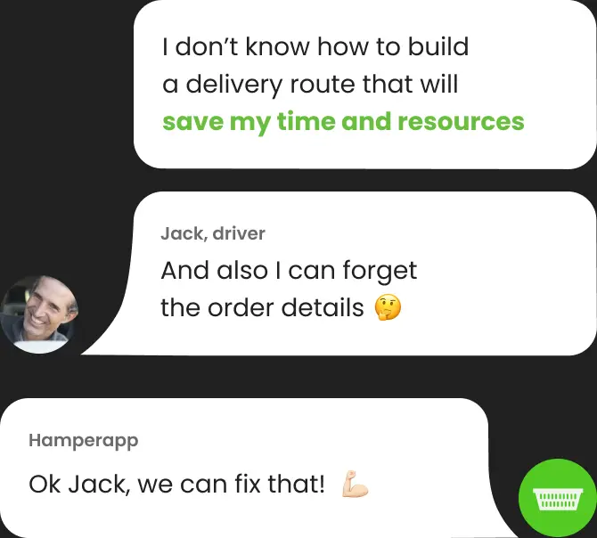 In-app chat where a driver asks for help building a delivery route.