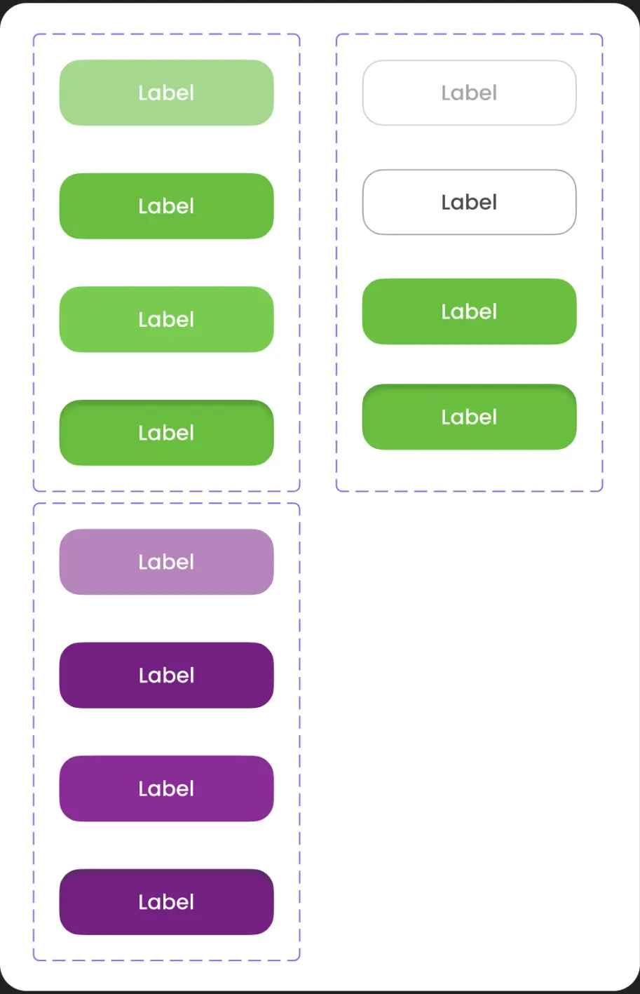 UI kit set of green and purple button components.