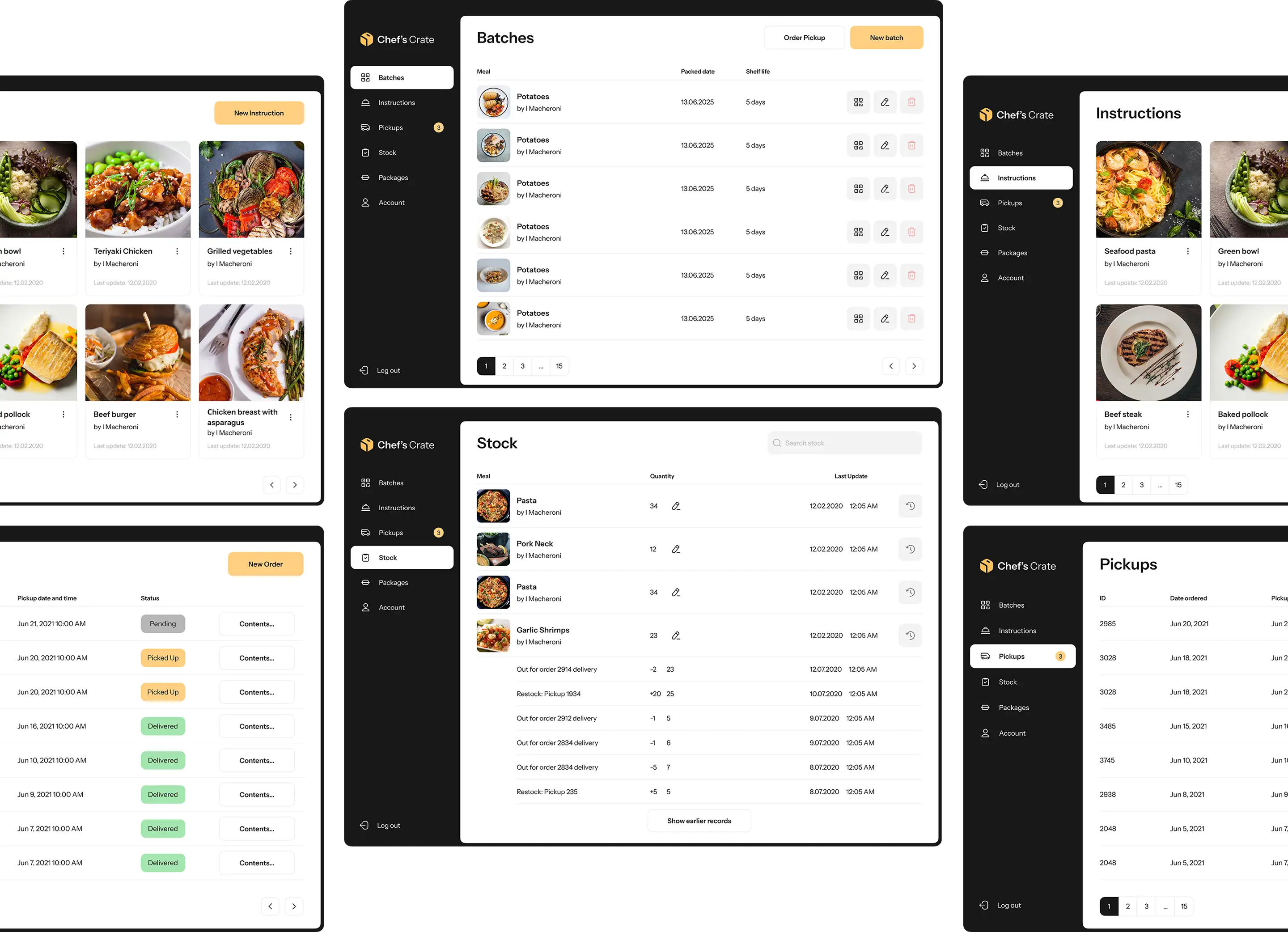 Collage of Chef's Crate screens: Instructions, Batches, Stock and Pickups.