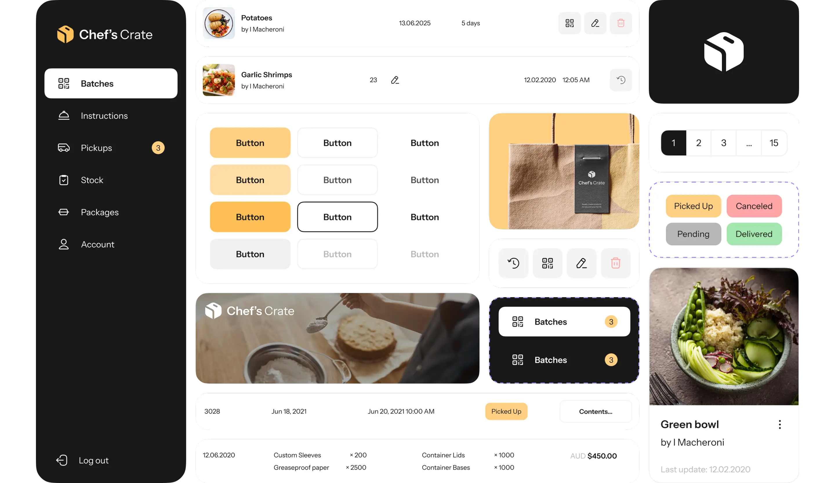 Chef's Crate UI kit: sidebar navigation, buttons, status badges, action icons and list rows.