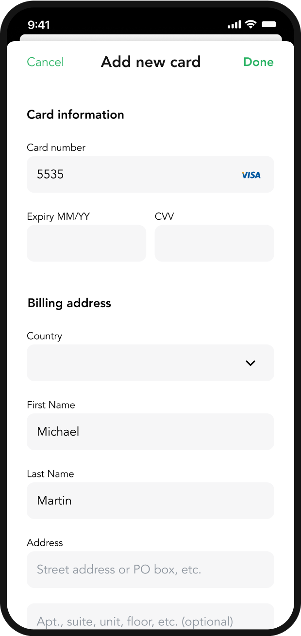 Lainappi app Add new card screen with card and billing details.