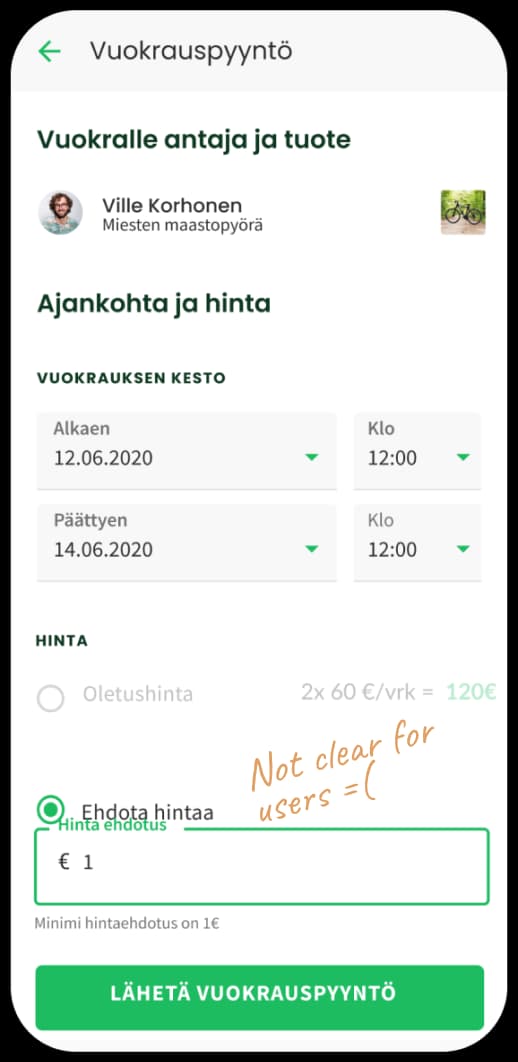 Lainappi app rental request screen with date and price selection.