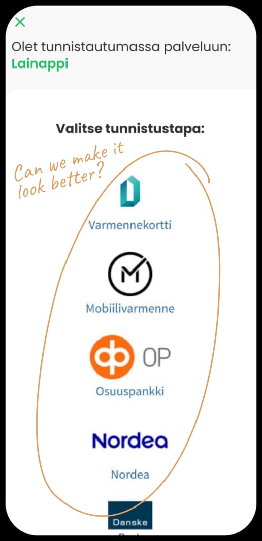 Lainappi app screen for choosing a bank authentication method.