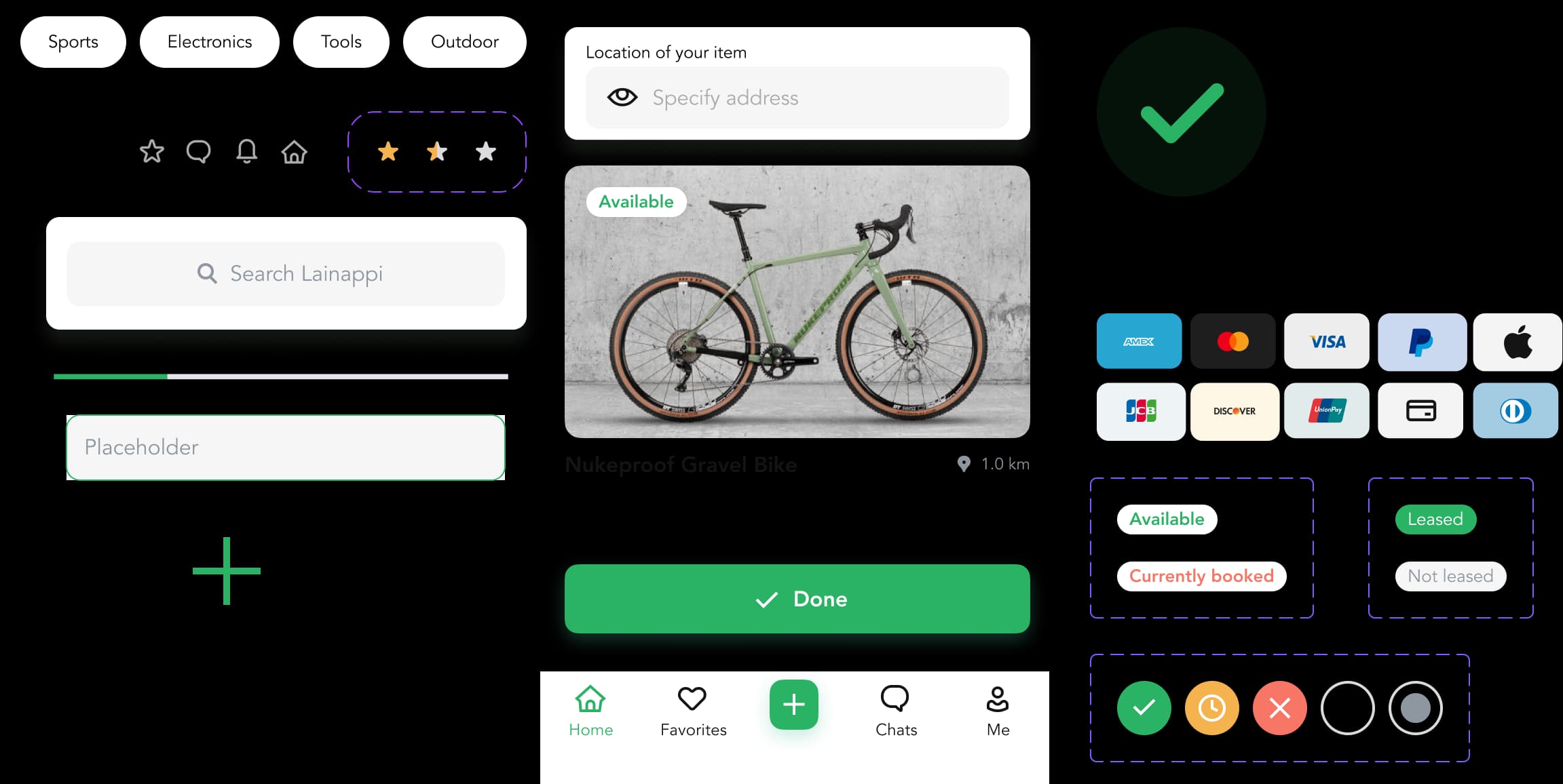 Lainappi UI kit: buttons, search and address fields, category chips, icons, an item card, status badges, the tab bar and payment method logos.