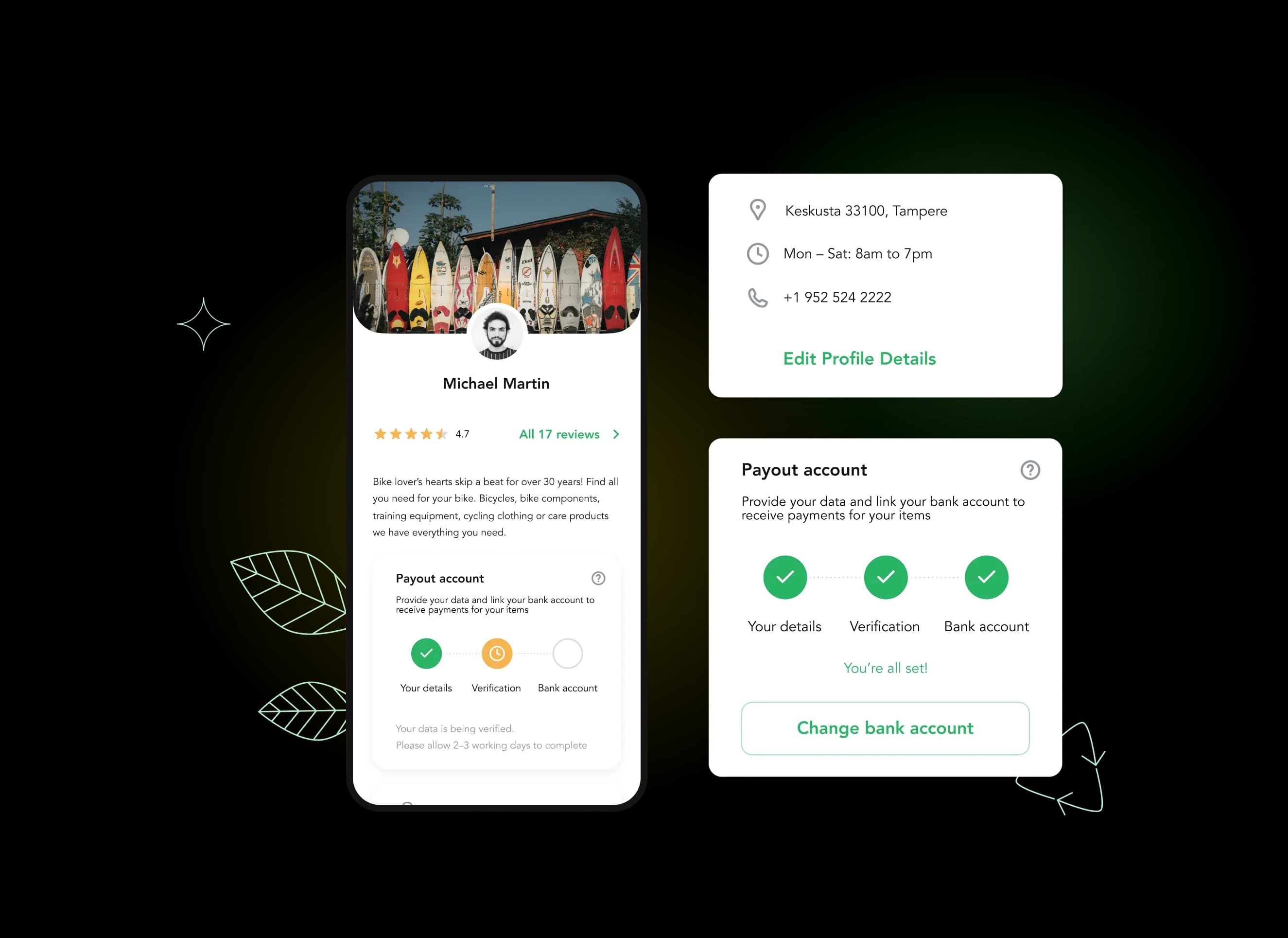 Lainappi app profile screen with payout account verification steps.