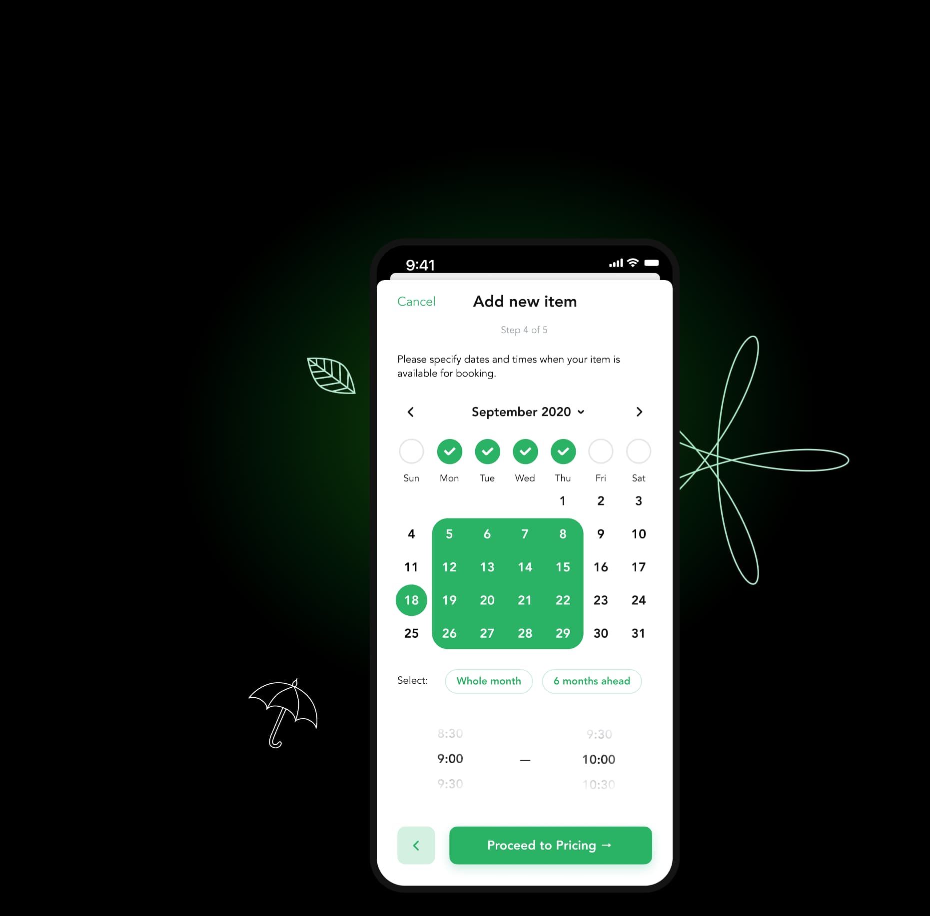 Lainappi app availability calendar for setting item booking dates.