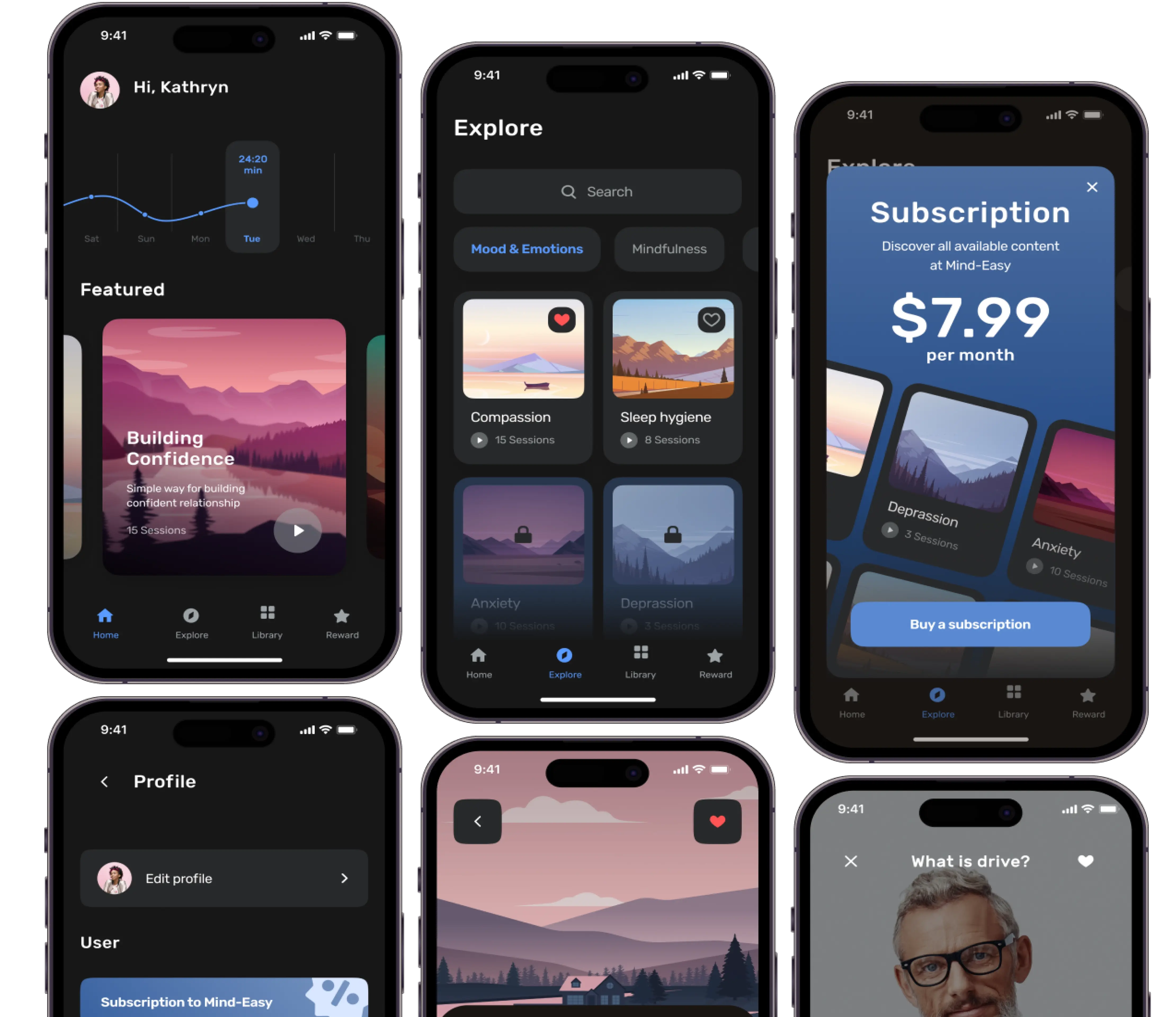 Dark-theme Mind Easy screens: home streak chart, Explore cards, subscription, profile, topic details, and a video session.