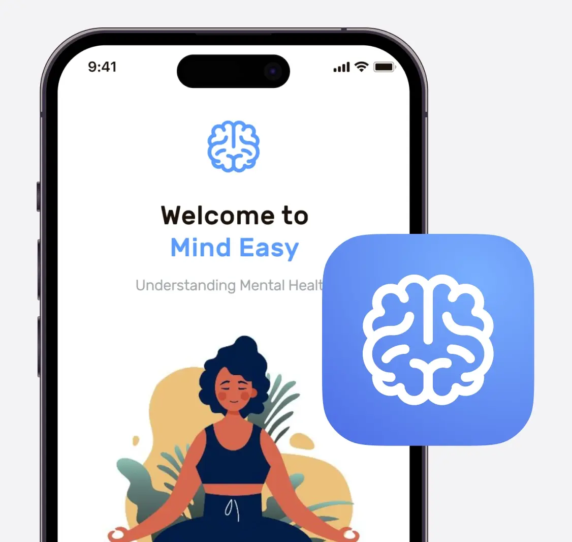 Mind Easy welcome screen beside the app's blue brain logo icon.