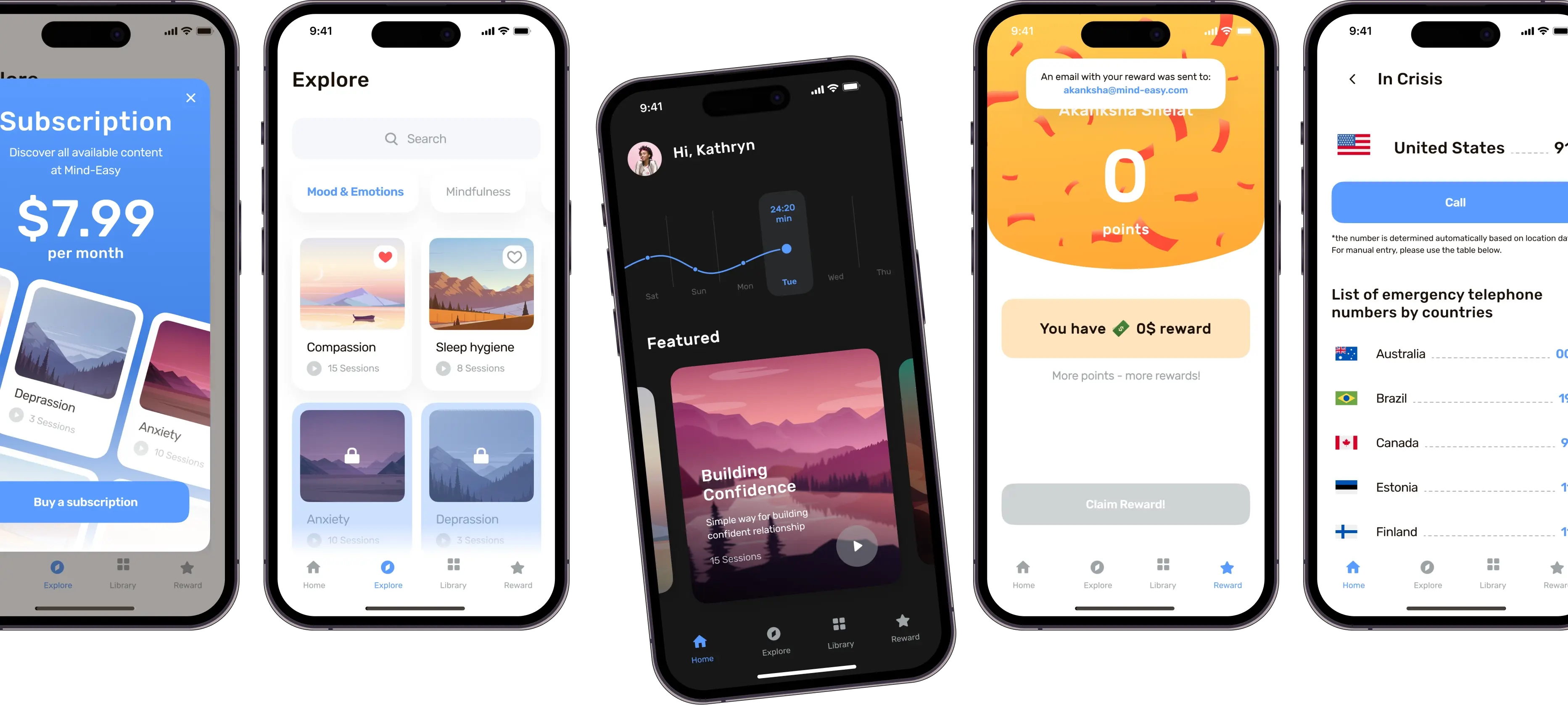 Mind Easy final screens: subscription, Explore, dark-mode home with the weekly streak chart, rewards, and the In Crisis emergency contact list.