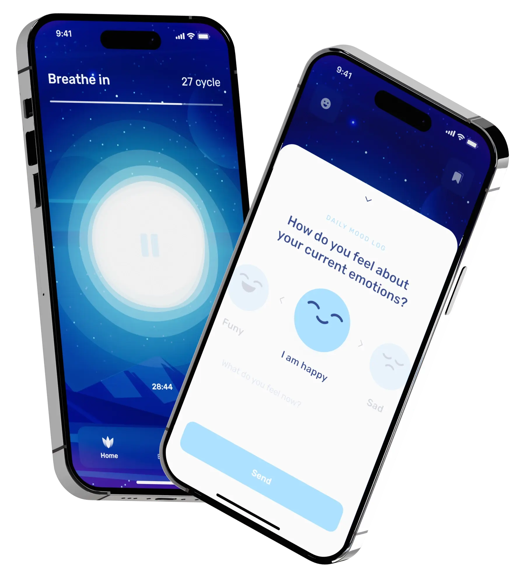 Mind Easy screens showing a breathing session and a daily mood check-in.