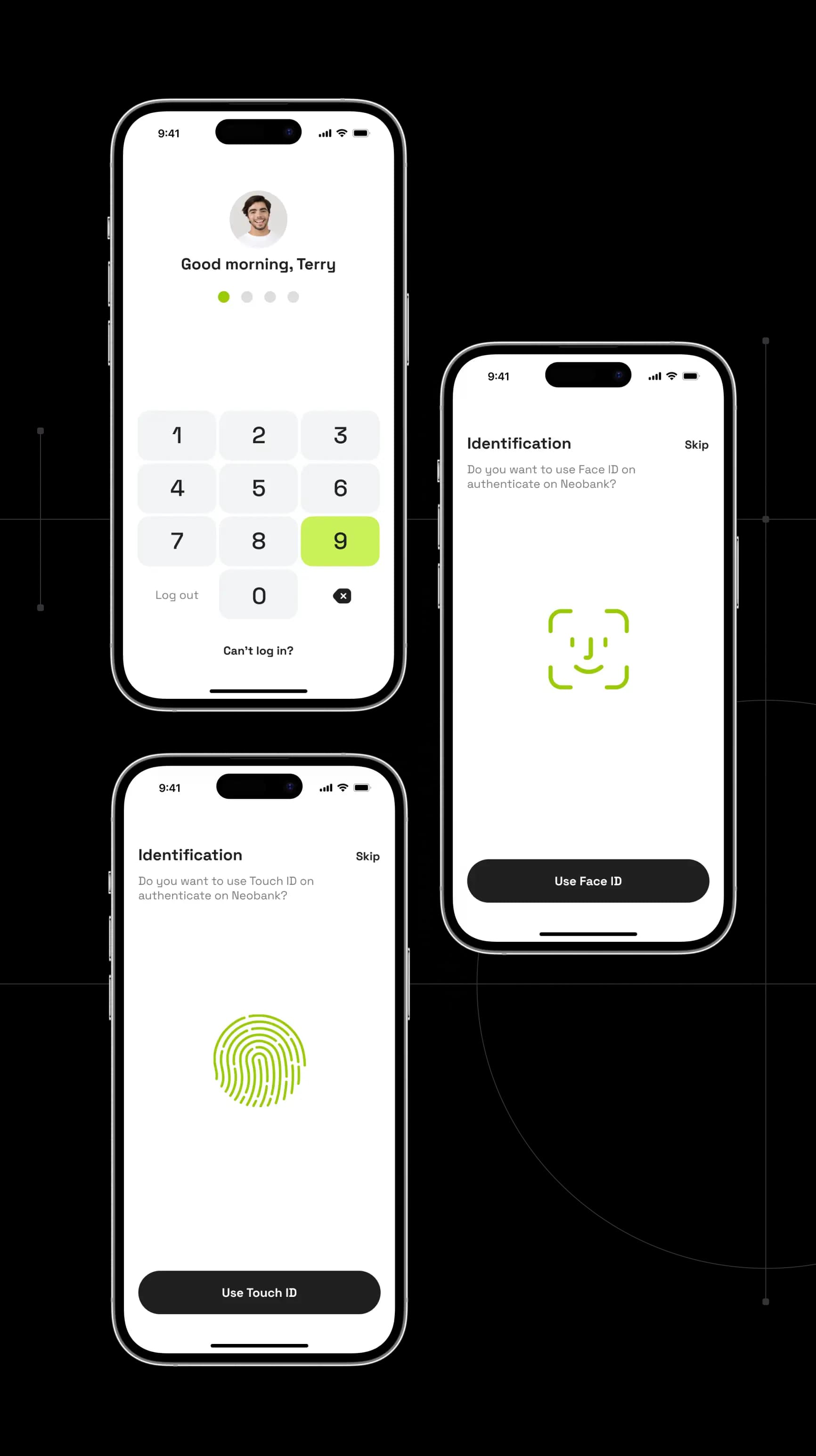 Neobank app PIN code, Face ID and Touch ID sign-in screens on three iPhone mockups.