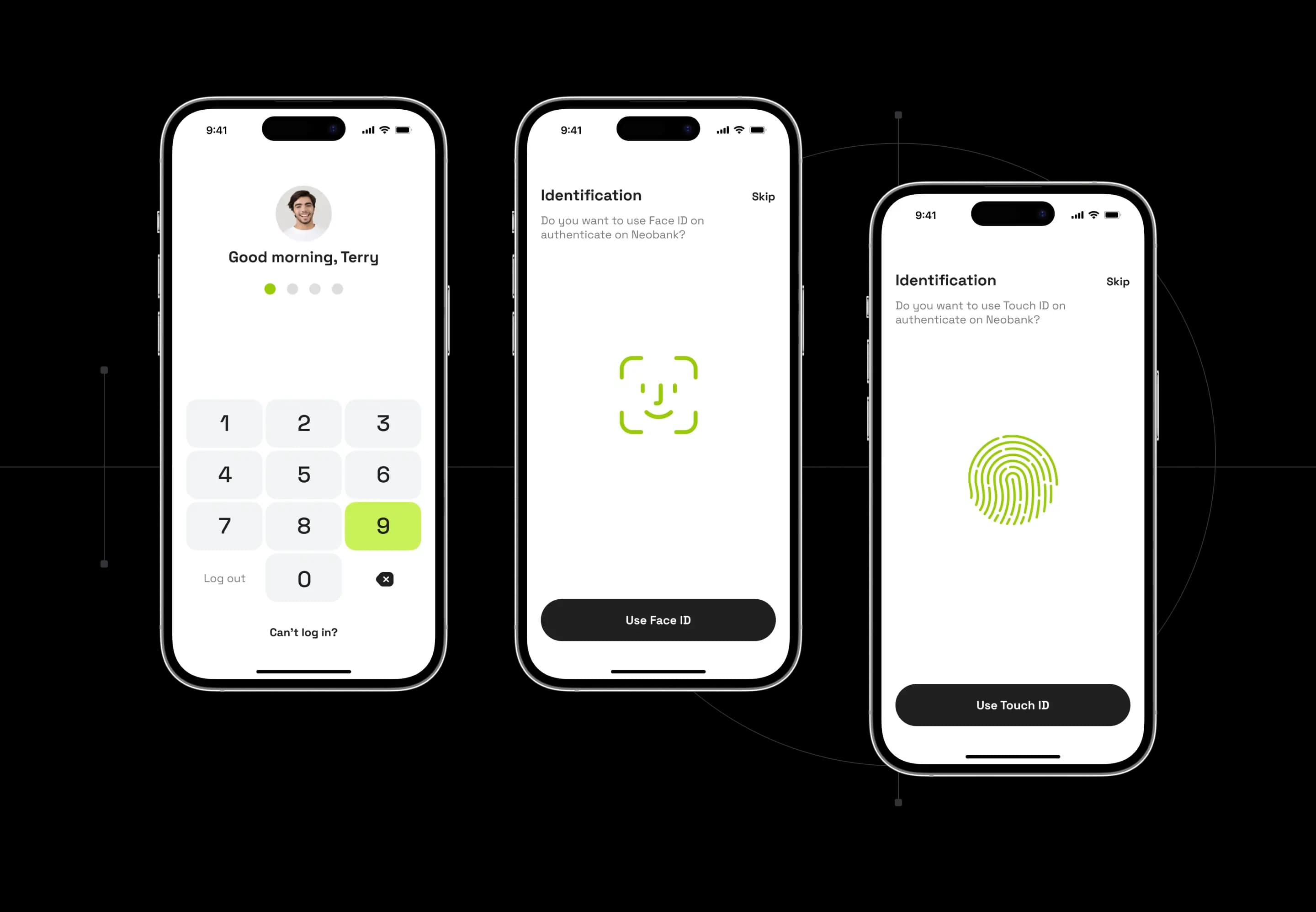 Neobank app PIN code, Face ID and Touch ID sign-in screens on three iPhone mockups.