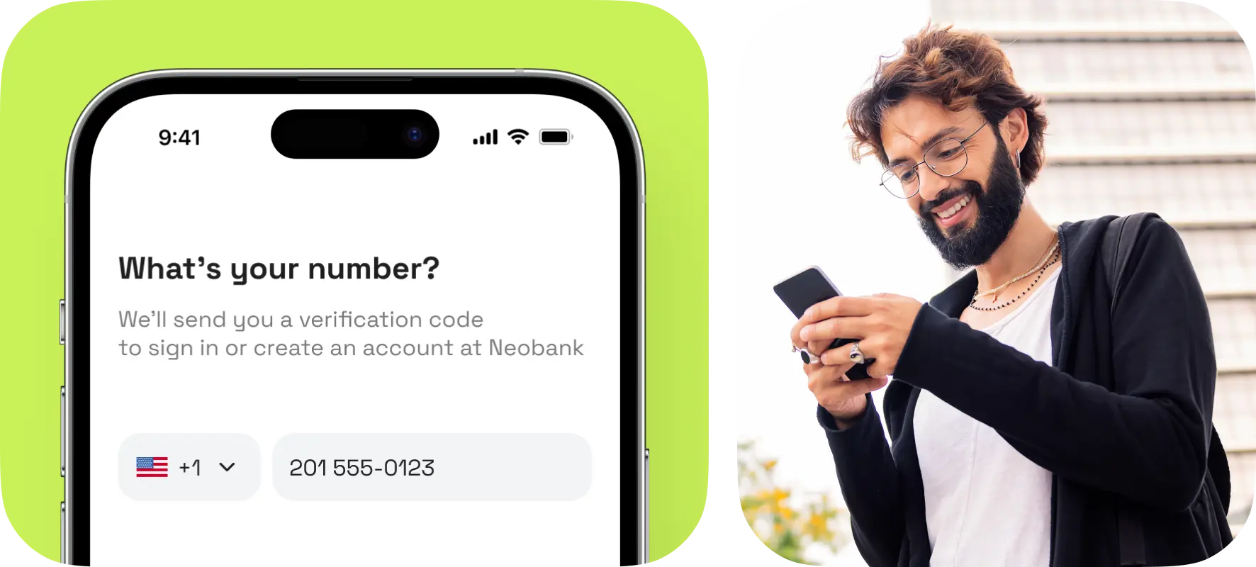 Neobank app phone-number entry screen next to a man checking his phone.
