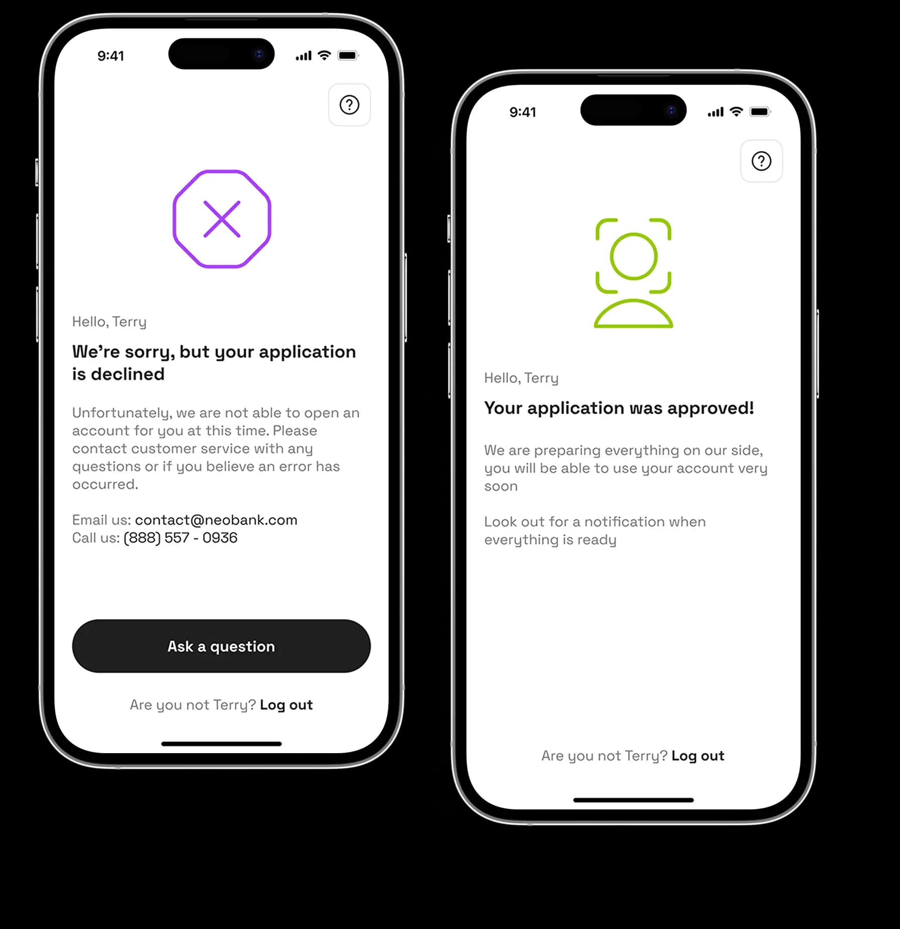Neobank app application status notification screens on two iPhone mockups.