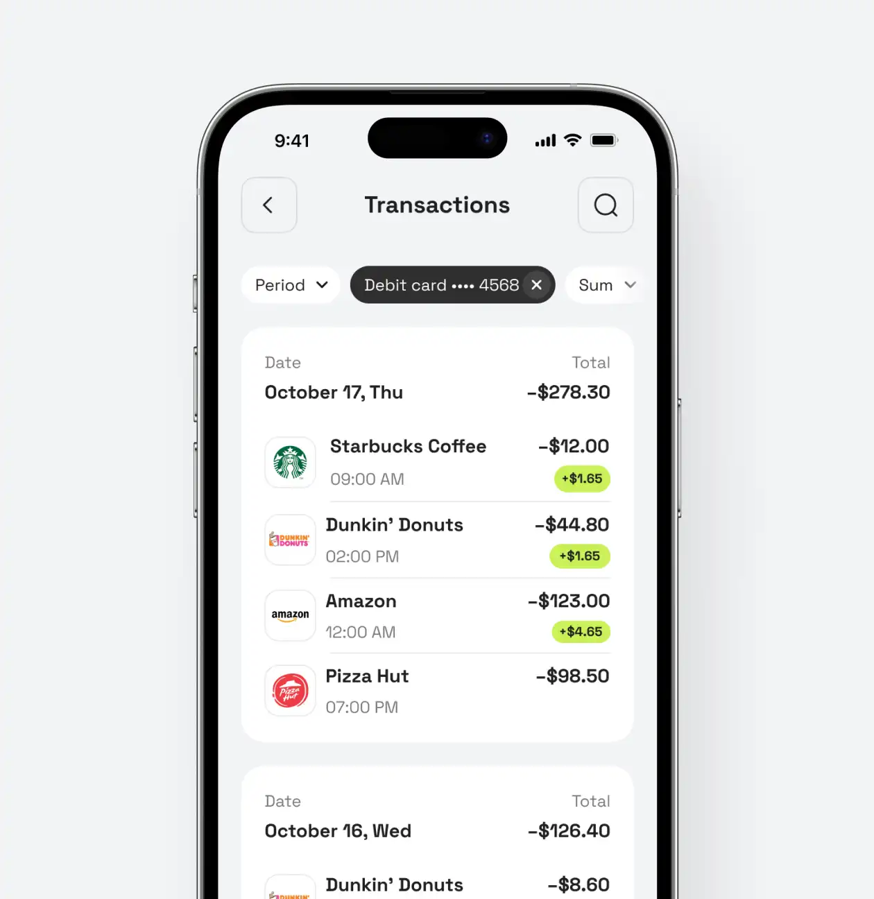 Neobank app transactions list showing cashback earned on partner purchases like Starbucks and Amazon.