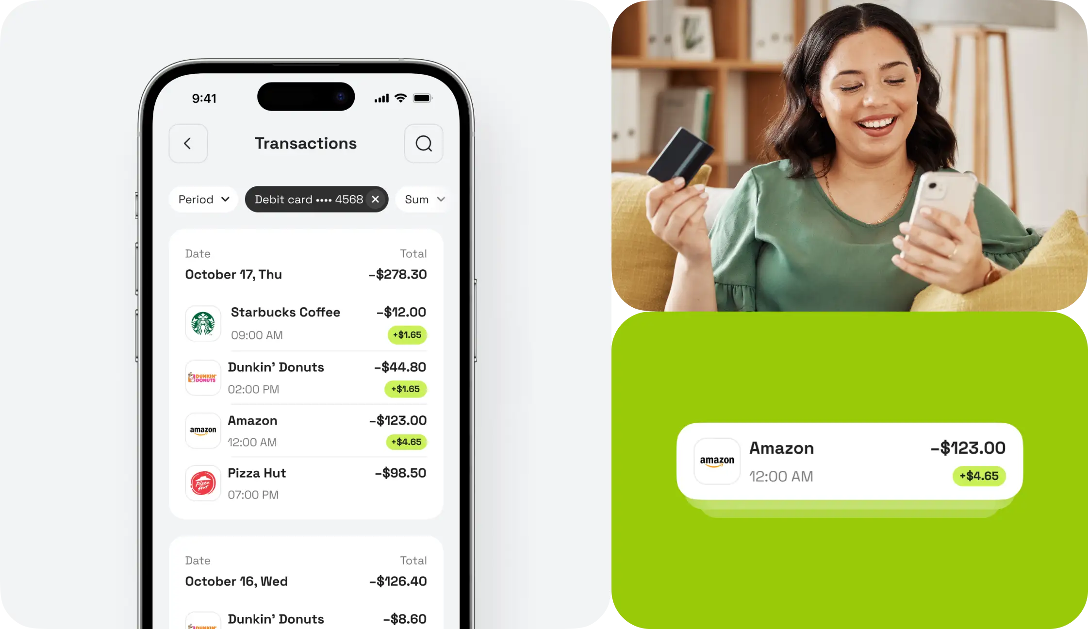 Neobank app transactions list beside a woman holding a card and phone, with a highlighted Amazon cashback entry.