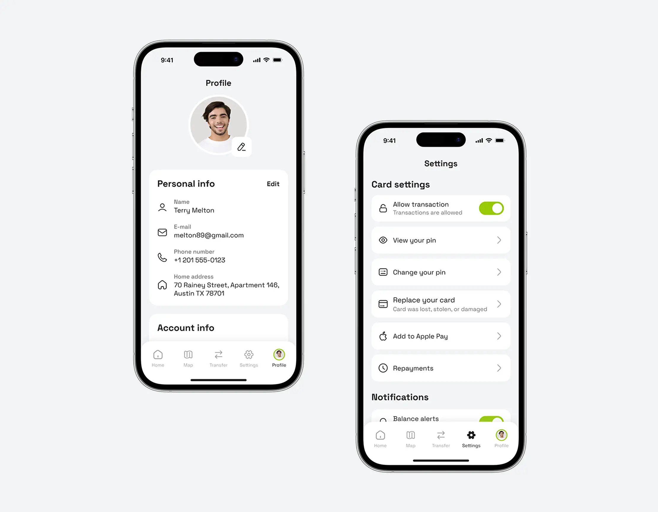 Neobank app user profile and account settings shown on two iPhone screens.