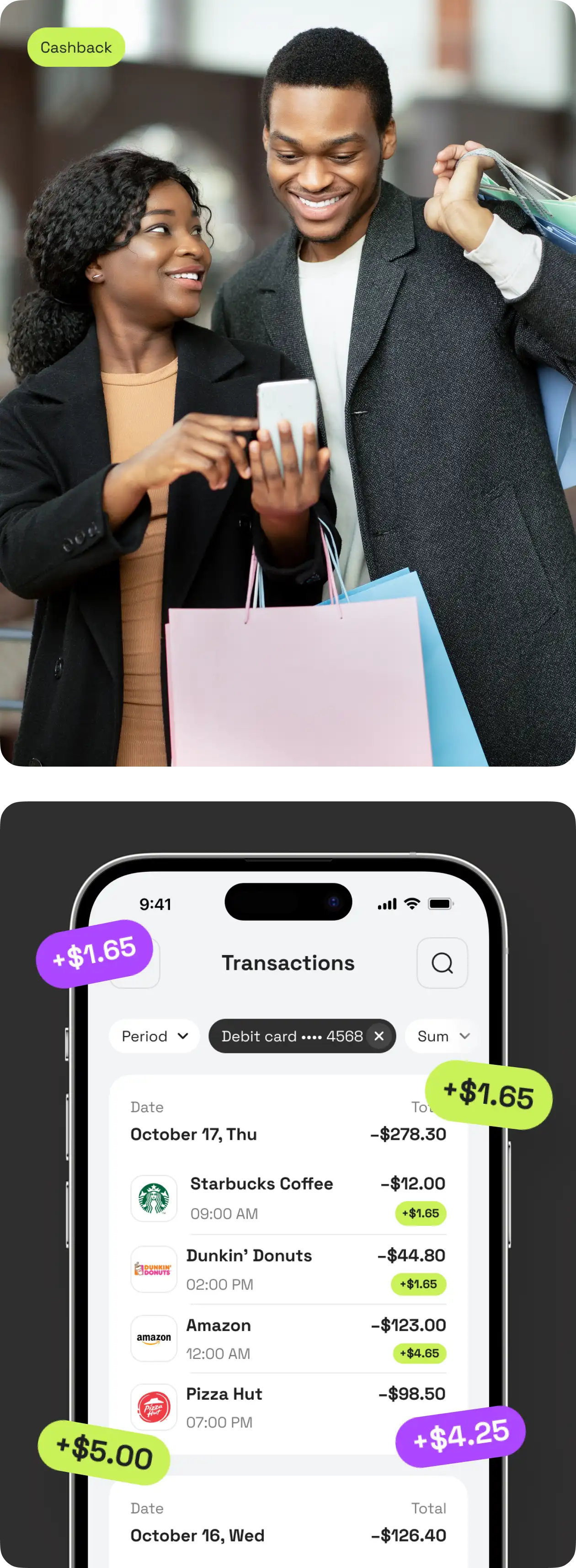 Couple shopping beside a Neobank app screen highlighting cashback rewards.