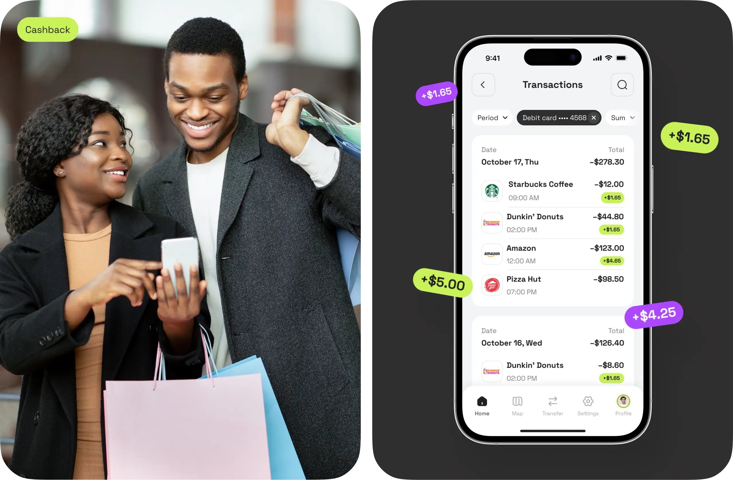 Couple shopping beside a Neobank app screen highlighting cashback rewards.