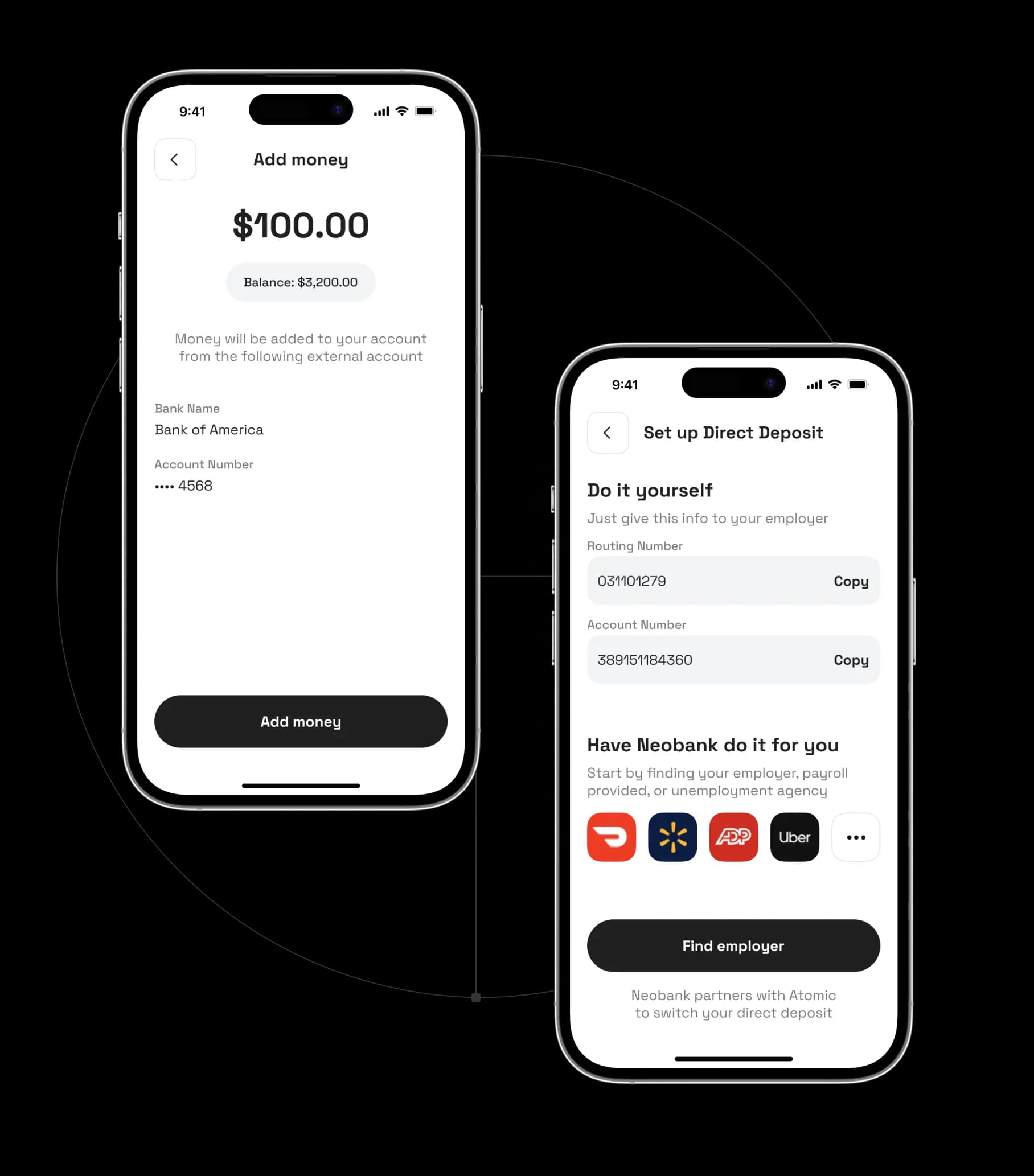 Neobank app add money and direct deposit setup screens on two iPhone mockups.