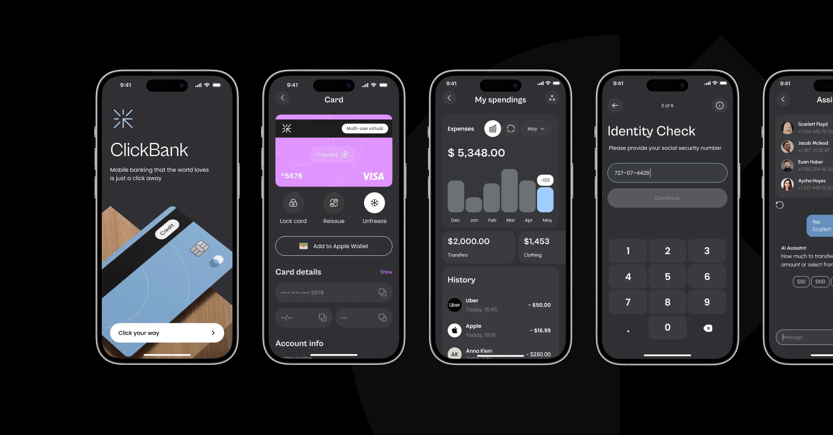 Neobank app dark mode screens: the welcome screen, card details, spending analytics, identity check and the AI assistant chat.