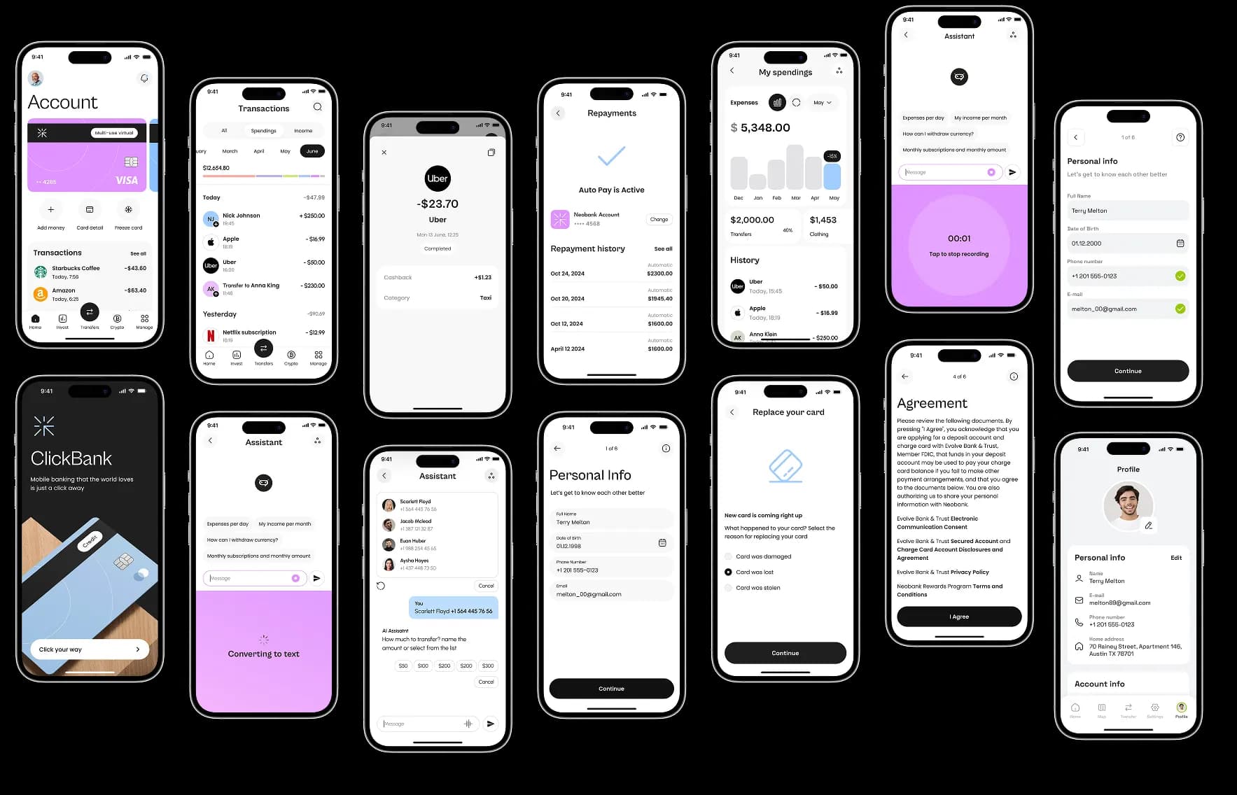Grid of the neobank app screens: account, transactions, spending analytics, AI assistant and profile.