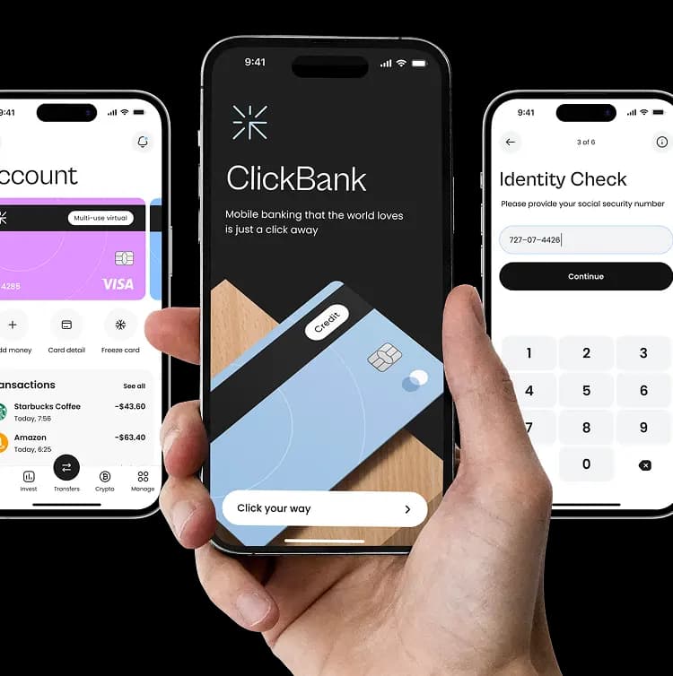 Three phones, one held in hand, showing the neobank app welcome, account and identity check screens.