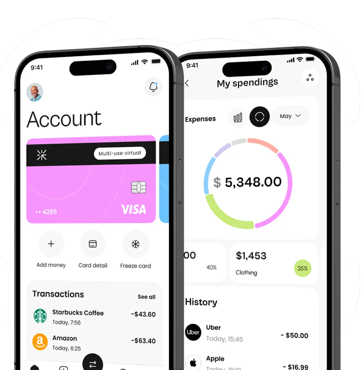 Phone mockups of the final neobank concept: the account screen with a card and transactions, and spending analytics with a donut chart.