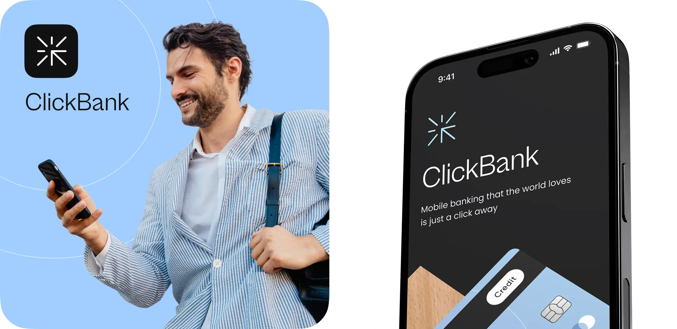 Smiling man using his phone beside a neobank app onboarding screen in the final design.