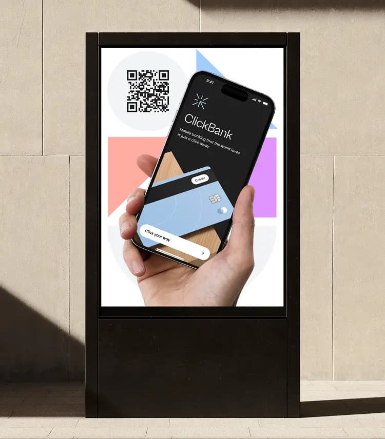Outdoor billboard showing the neobank app onboarding screen and a QR code against a tiled wall.