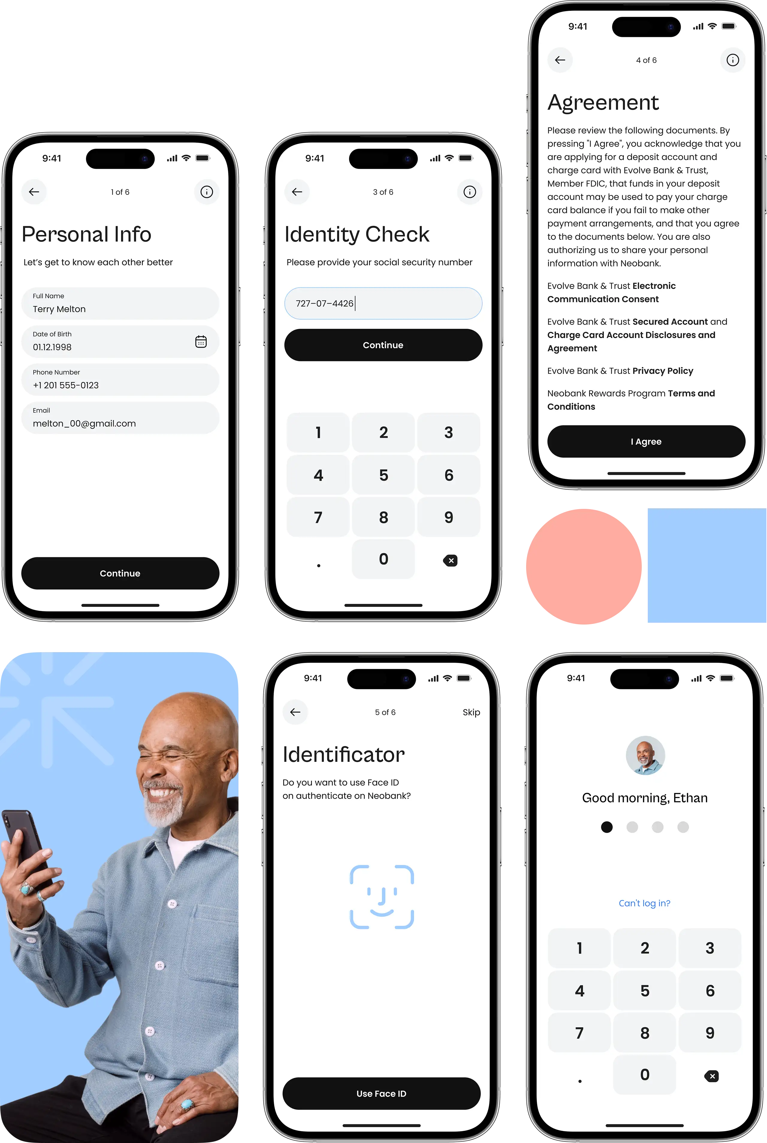 Phones showing the neobank app identity verification and registration steps.