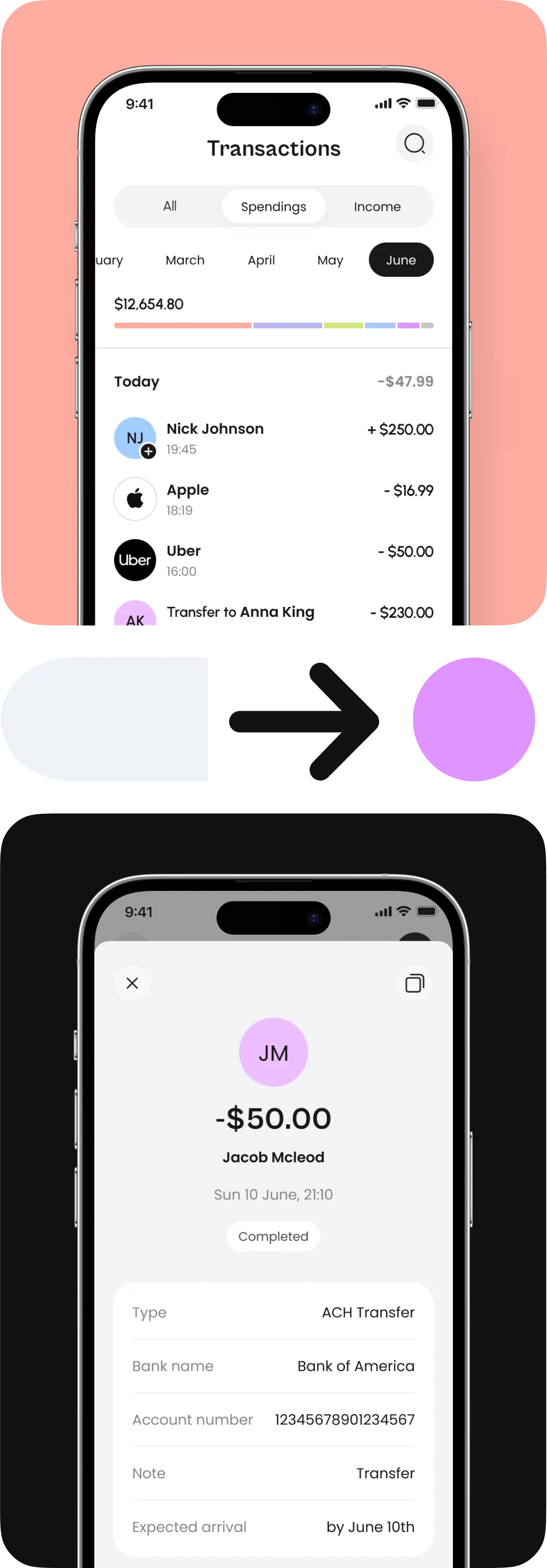 Phones showing the neobank app transactions list and payment details.