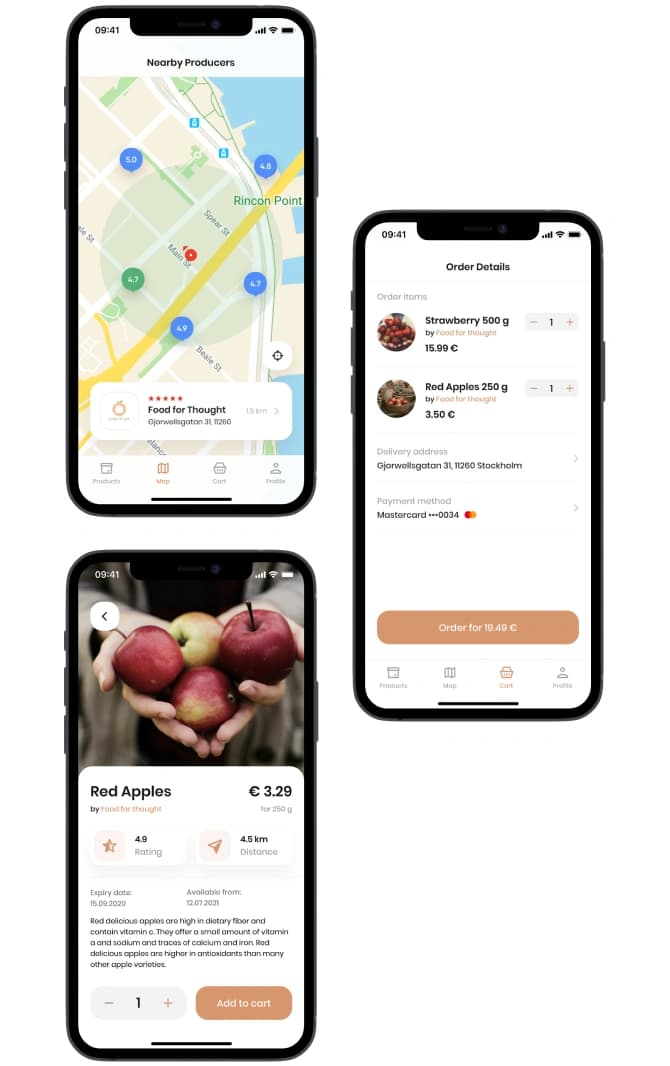 Noah app buyer screens: producers map, order details and a product page.