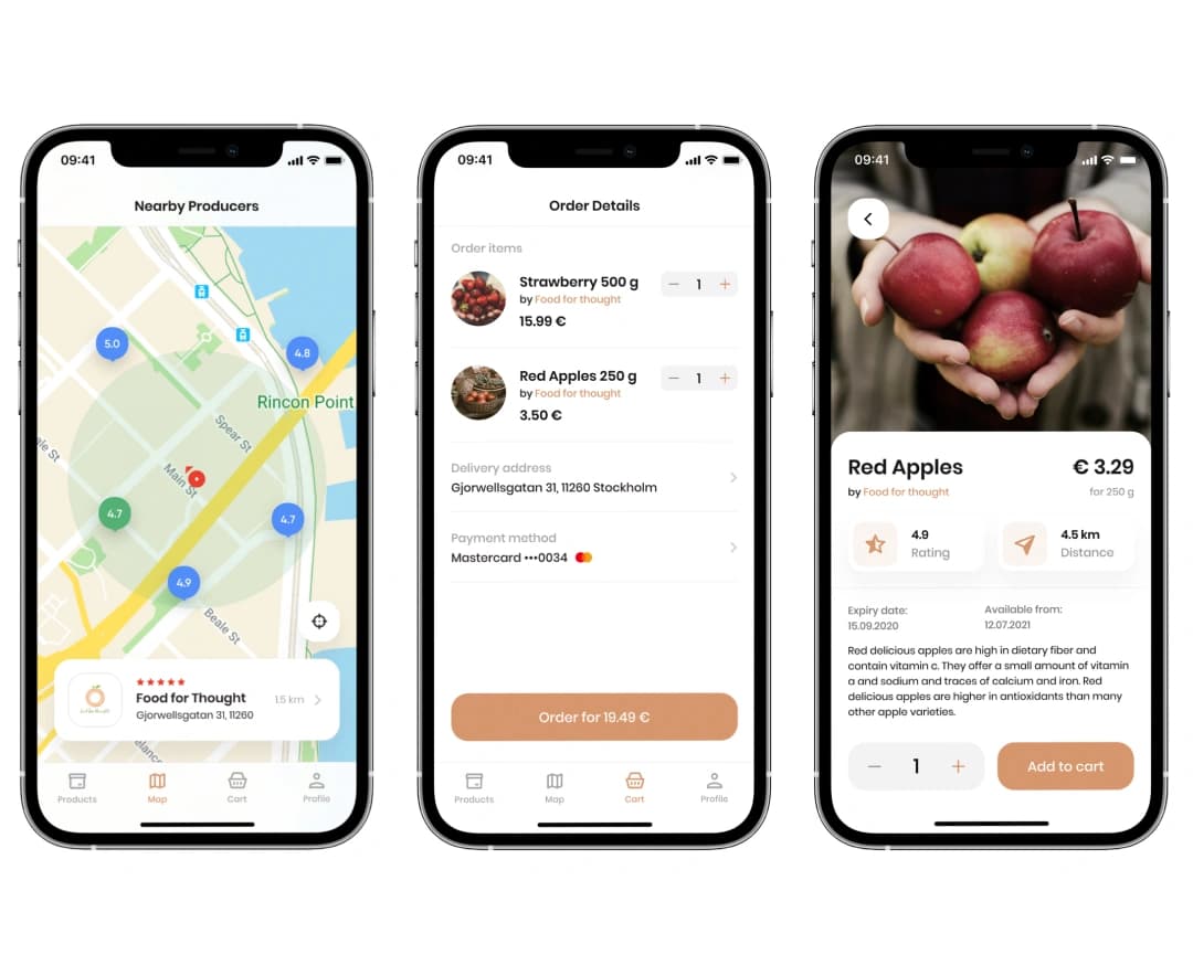Noah app buyer screens: producers map, order details and a product page.