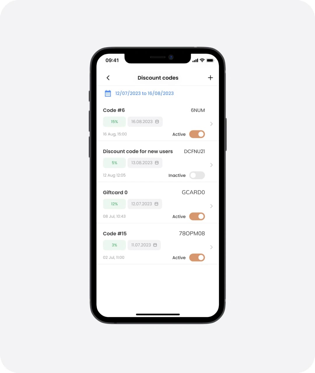 Noah app phone screen listing discount codes with their percentages, dates and active status toggles.