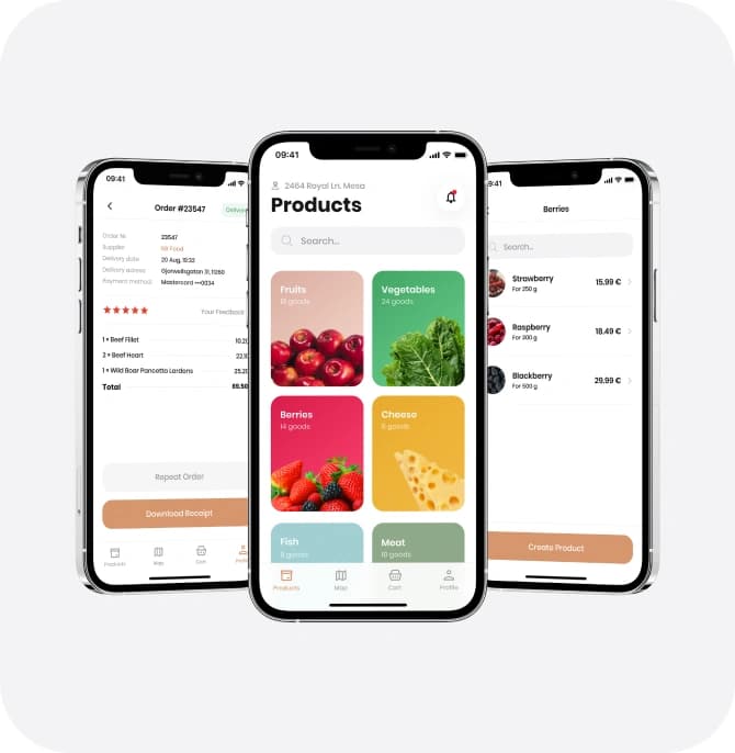 Noah app phone screens showing an order summary with a receipt, product categories, and a producer's berries price list.