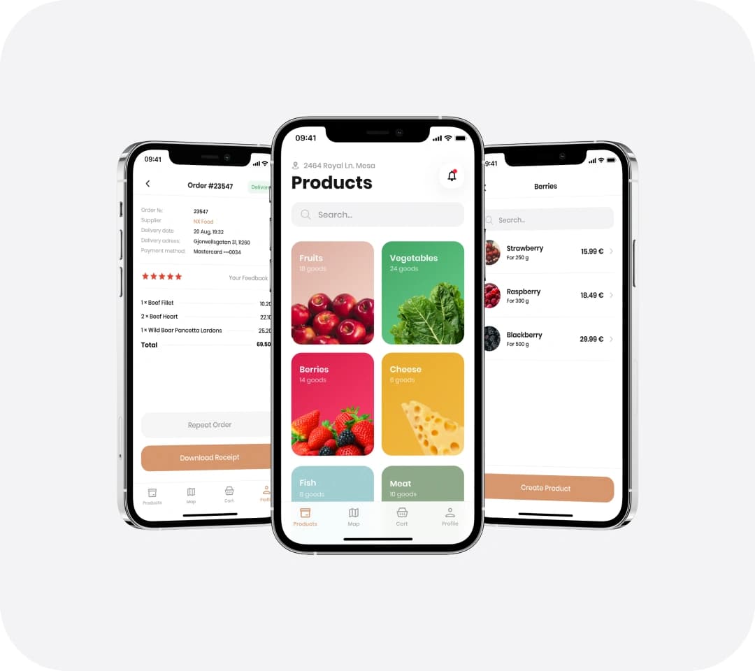 Noah app phone screens showing an order summary with a receipt, product categories, and a producer's berries price list.