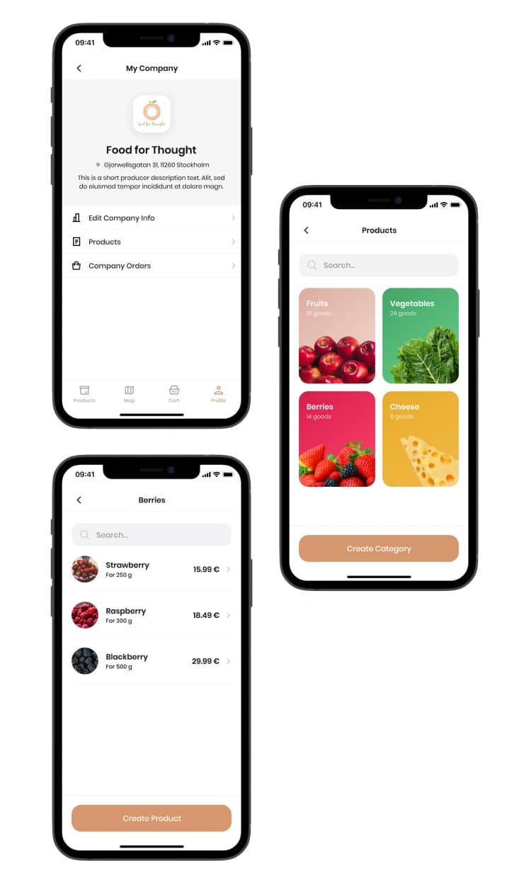 Noah app seller screens: company profile, product catalog and a berries listing.