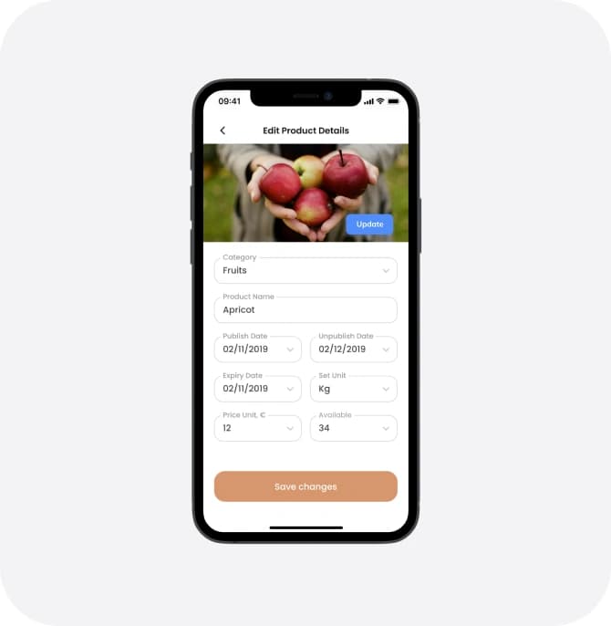 Noah app phone screen for editing product details such as category, price and unit.