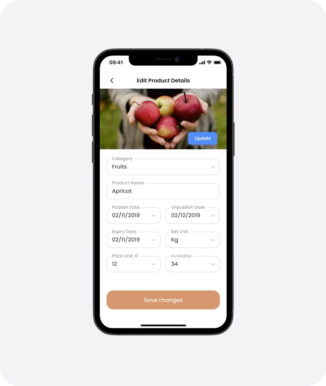 Noah app phone screen for editing product details such as category, price and unit.