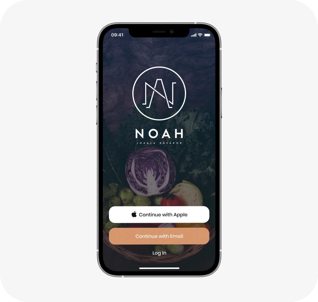 Noah app welcome screen with the logo and Apple or email sign-up options over a fresh produce background.
