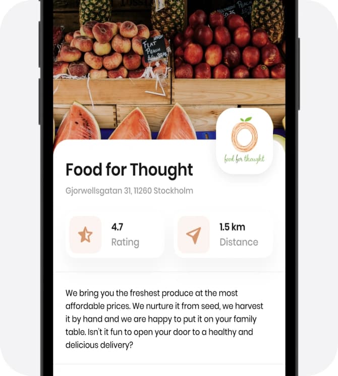Noah app producer profile screen for Food for Thought with its rating and distance over a market stall photo.