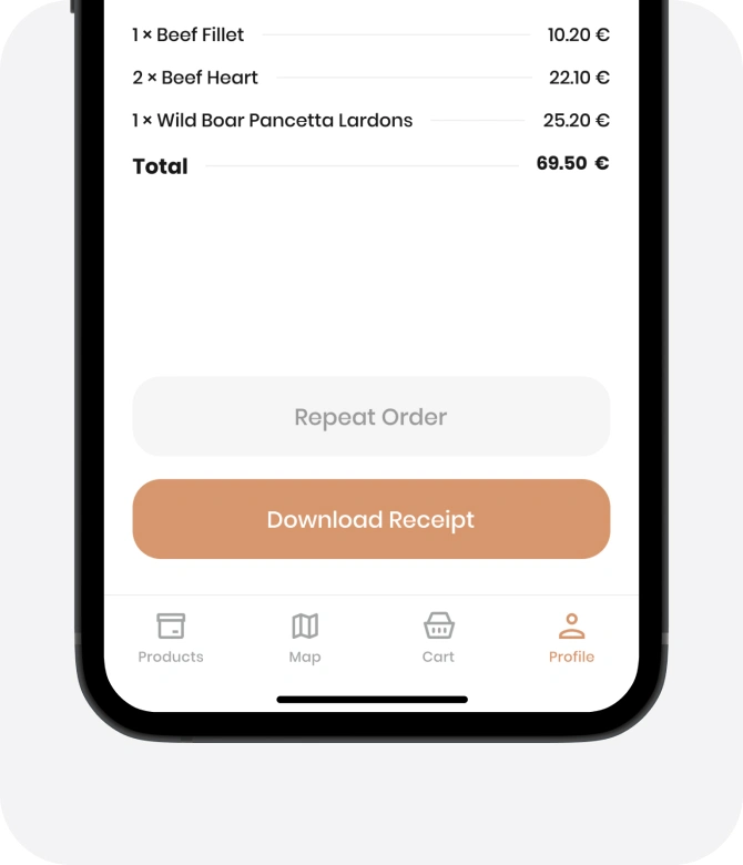 Noah app phone order summary with line items, total and Download Receipt button.