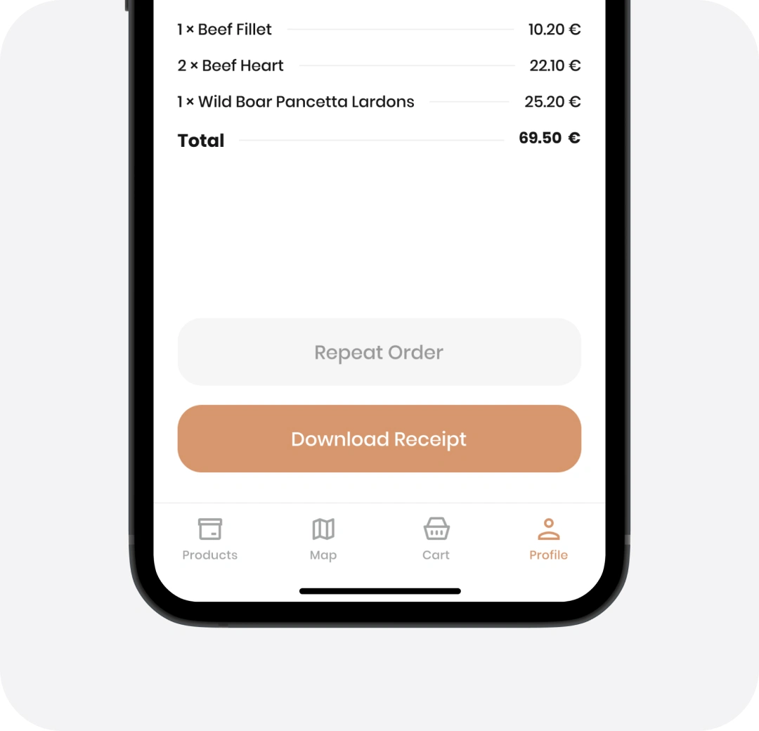 Noah app phone order summary with line items, total and Download Receipt button.
